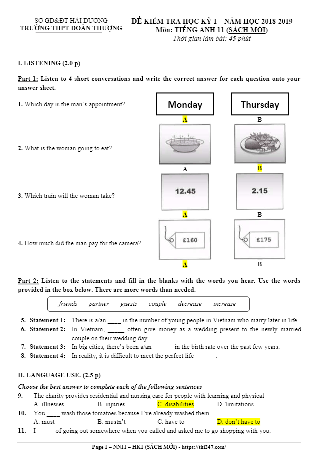 Đề Thi HK1 Tiếng Anh 11 Năm 2018 – 2019 Trường THPT Đoàn Thượng – Hải ...