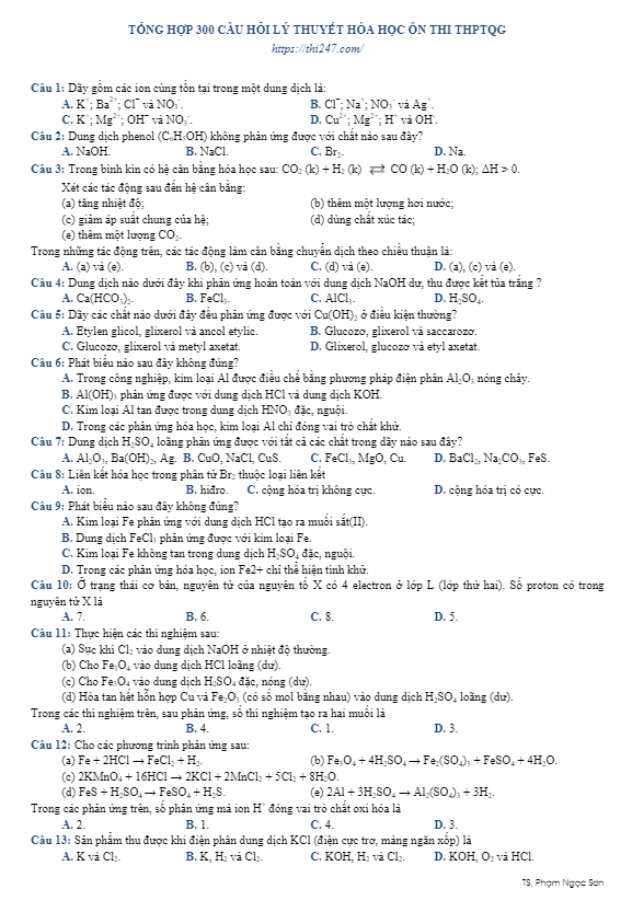 Tổng hợp 300 câu hỏi lý thuyết Hóa học có đáp án ôn thi THPT Quốc gia - THI247.com