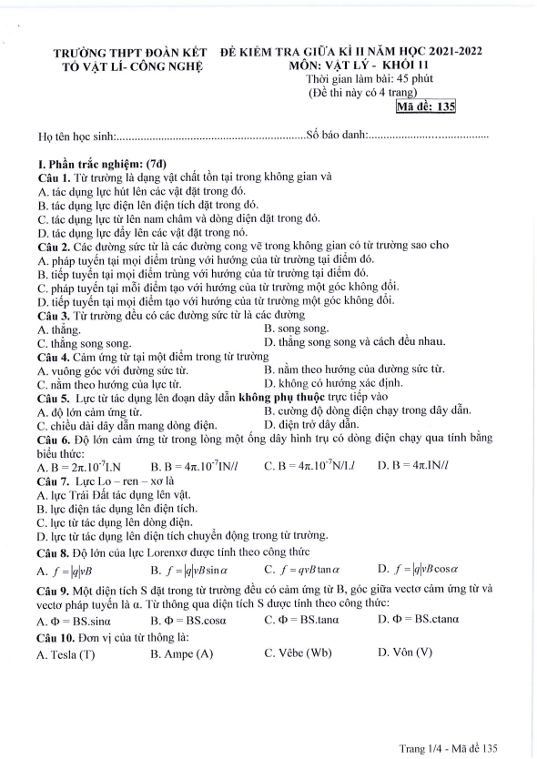 Đề Kiểm Tra Giữa Học Kỳ 2 Vật Lý 11 Năm 2021 2022 Trường Thpt Đoàn